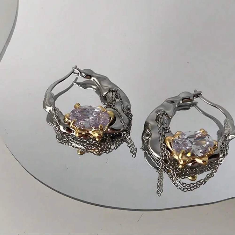 Silver & Gold Hoop Earrings Rhinestone Chain Wrapped Tassel Jewelry Gift NEW